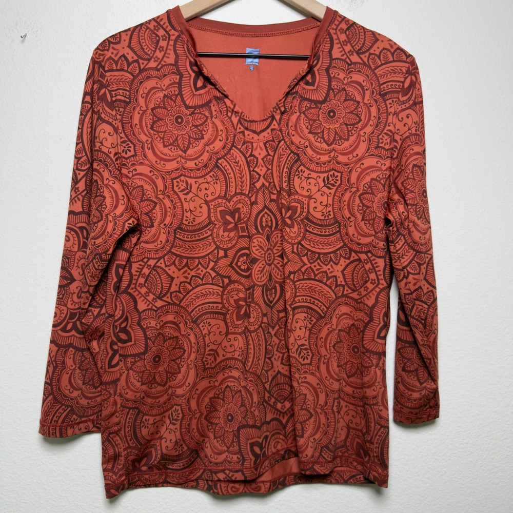 Title Nine Womens Top Large Orange Mandala V-Neck Long Sleeve Granola Girl Rash